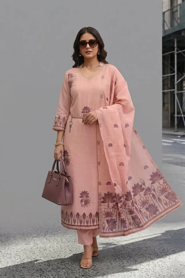 Women_Floral_Print_Yoke_Design_V-Neck_Pure_Chanderi_Kurta_Set_with_Trousers