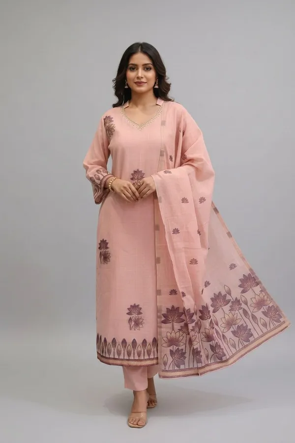 Women_Floral_Print_Yoke_Design_V-Neck_Pure_Chanderi_Kurta_Set_with_Trousers