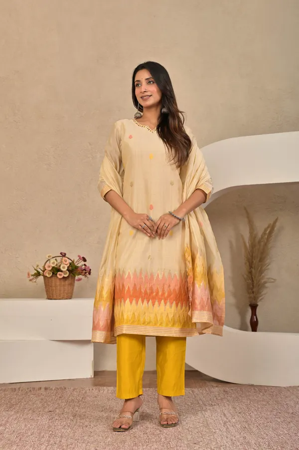 Women_Ikkat_Printed_Embroidered_Chanderi_Jacquard_Kurta_with_Trousers_&_Dupatta