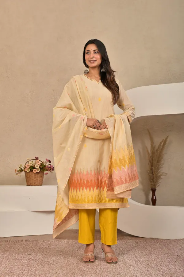 Women_Ikkat_Printed_Embroidered_Chanderi_Jacquard_Kurta_with_Trousers_&_Dupatta