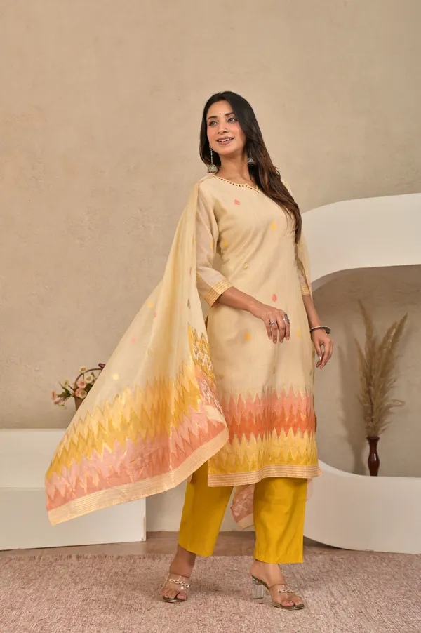 Women_Ikkat_Printed_Embroidered_Chanderi_Jacquard_Kurta_with_Trousers_&_Dupatta