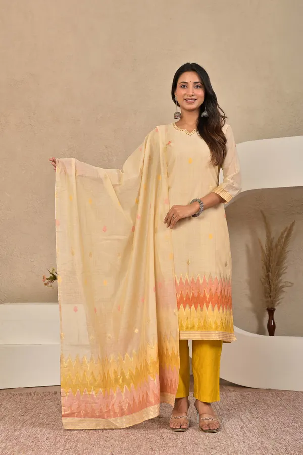 Women_Ikkat_Printed_Embroidered_Chanderi_Jacquard_Kurta_with_Trousers_&_Dupatta