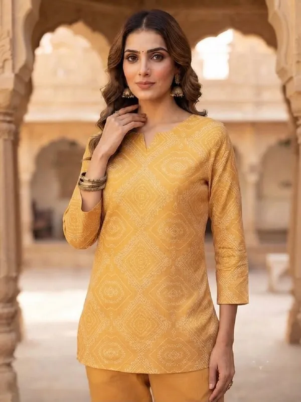 Women_Mustard_Yellow_Bandhani_Printed_Linen_Slub_Top_with_Trousers_Co-Ord_Set
