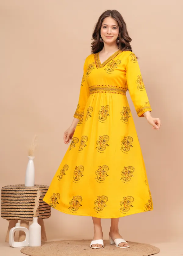 Misskurti Women Printed Yellow Rayon Anarkali Dress Price in India