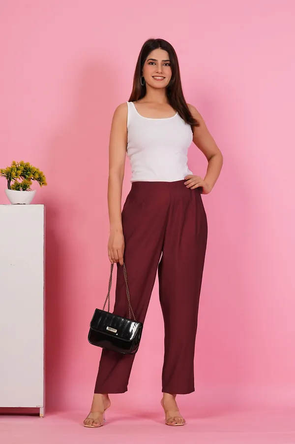 Women_Maroon_Solid_Straight_Fit_Trousers