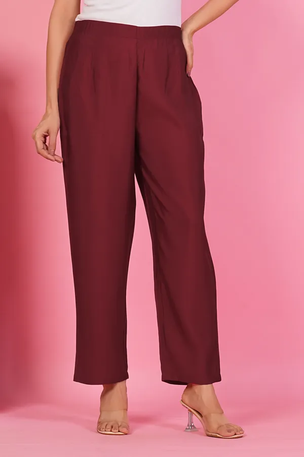 Women_Maroon_Solid_Straight_Fit_Trousers
