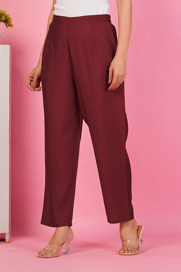 Women_Maroon_Solid_Straight_Fit_Trousers