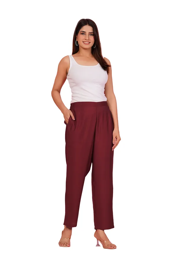 Women_Maroon_Solid_Straight_Fit_Trousers