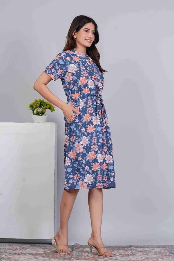 Blue_Flower_Printed_Belted_Tiered_Cotton_Fit_&_Flare_Ethnic_Dress