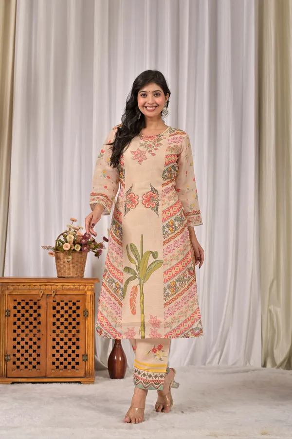 Cream_Ethnic_Motifs_Linen_Printed_Kurta_&_Palazzo_Set_for_Women