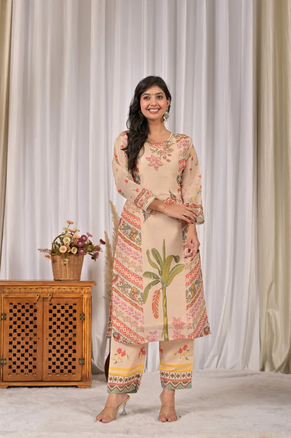 Cream_Ethnic_Motifs_Linen_Printed_Kurta_&_Palazzo_Set_for_Women