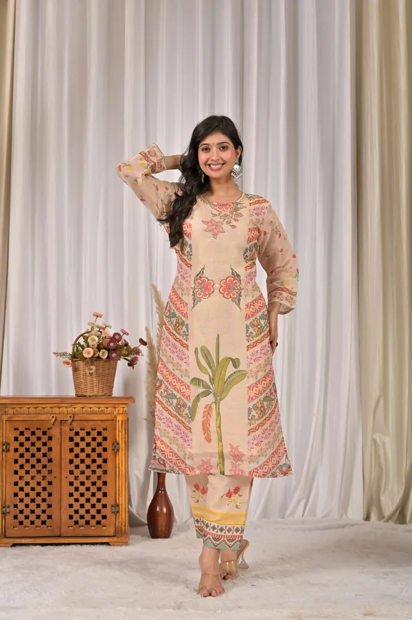 Cream_Ethnic_Motifs_Linen_Printed_Kurta_&_Palazzo_Set_for_Women