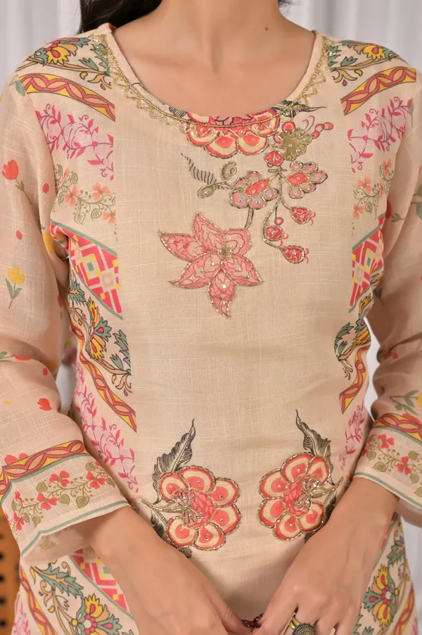 Cream_Ethnic_Motifs_Linen_Printed_Kurta_&_Palazzo_Set_for_Women