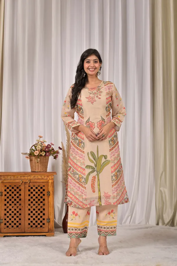 Cream_Ethnic_Motifs_Linen_Printed_Kurta_&_Palazzo_Set_for_Women