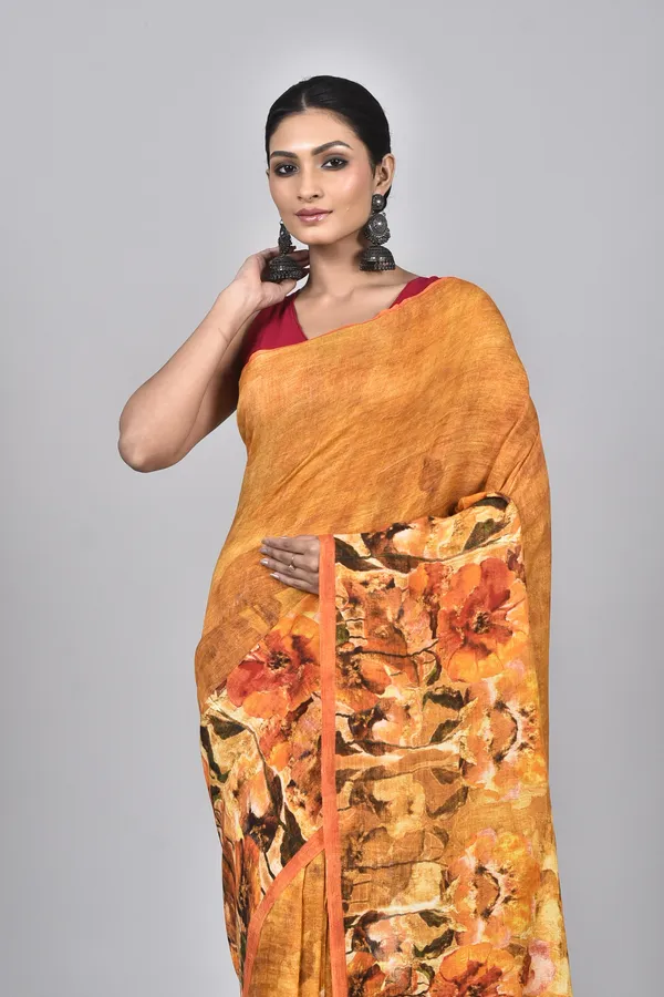 Dark_Yellow_Digital_Print_Linen_Saree_For_Women