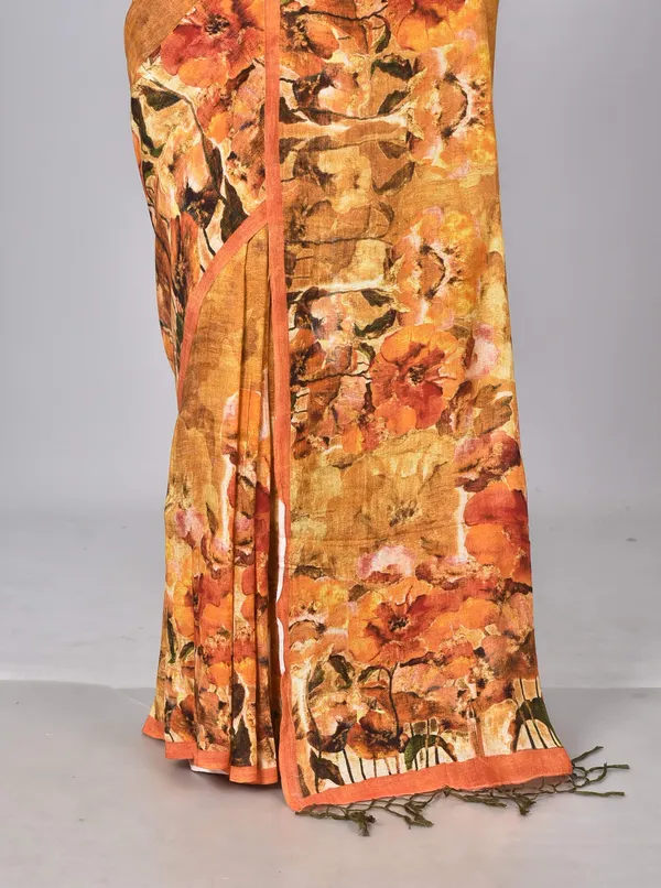 Dark_Yellow_Digital_Print_Linen_Saree_For_Women