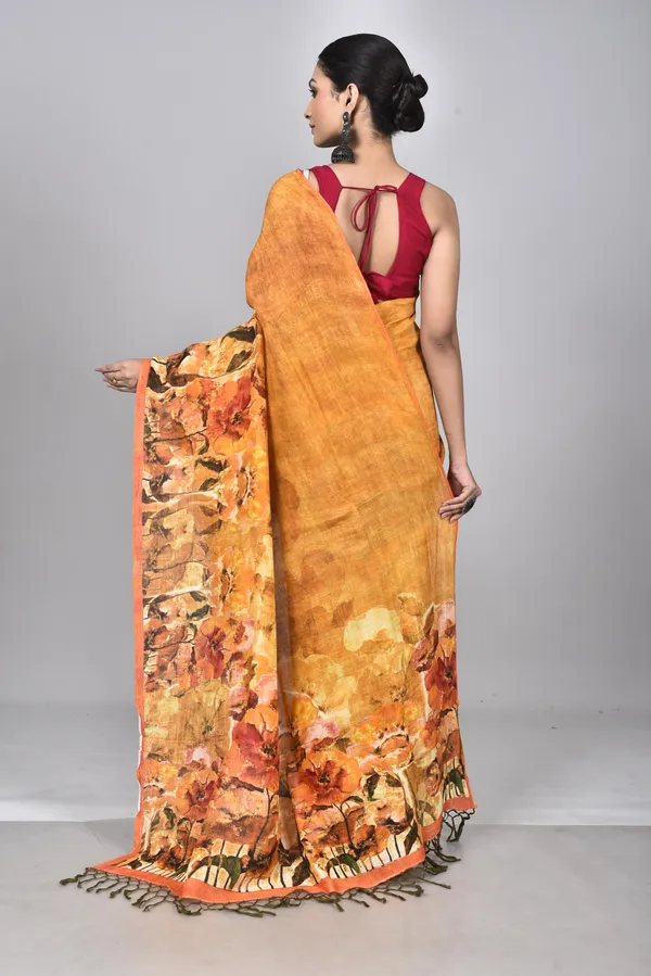 Dark_Yellow_Digital_Print_Linen_Saree_For_Women