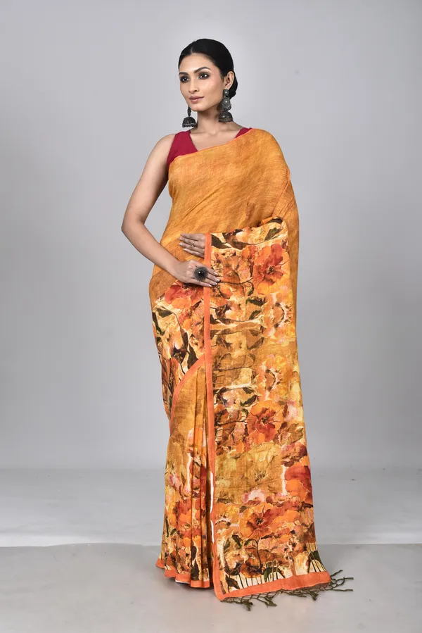 Dark_Yellow_Digital_Print_Linen_Saree_For_Women
