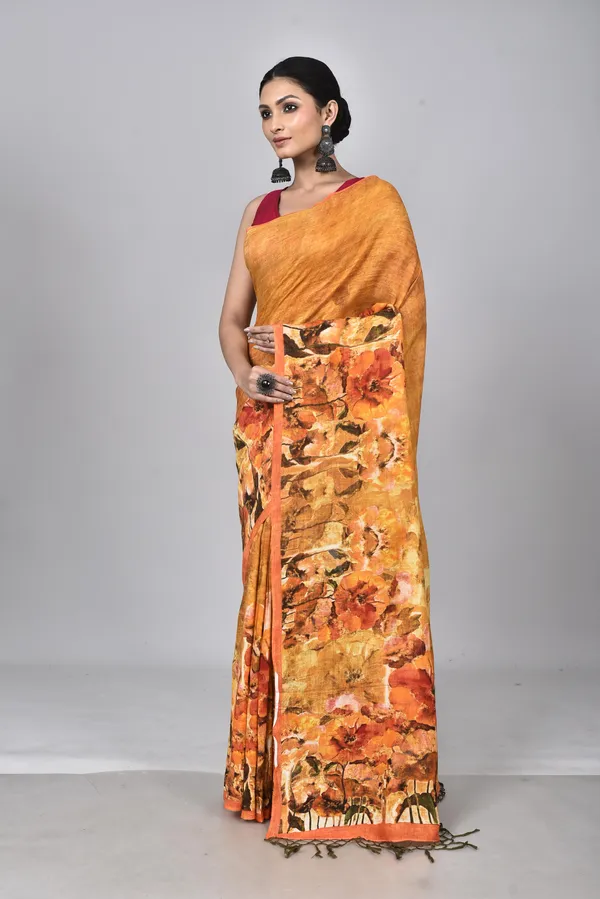 Dark_Yellow_Digital_Print_Linen_Saree_For_Women
