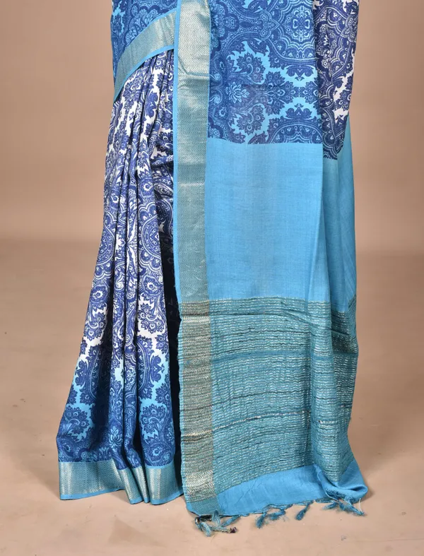 Blue__Tassar_Moonga_Saree_with_Hand_Screen_Print