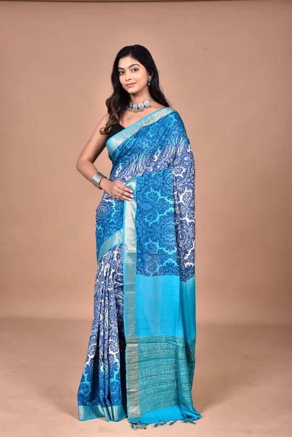 Blue__Tassar_Moonga_Saree_with_Hand_Screen_Print