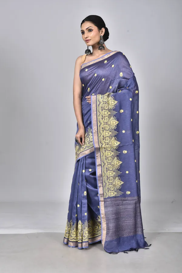 Dark_Blue_Digital_Embroidery_Silk_Linen_Saree_For_Women