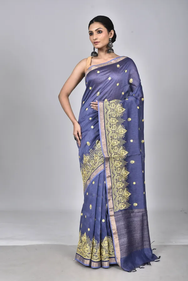 Dark_Blue_Digital_Embroidery_Silk_Linen_Saree_For_Women