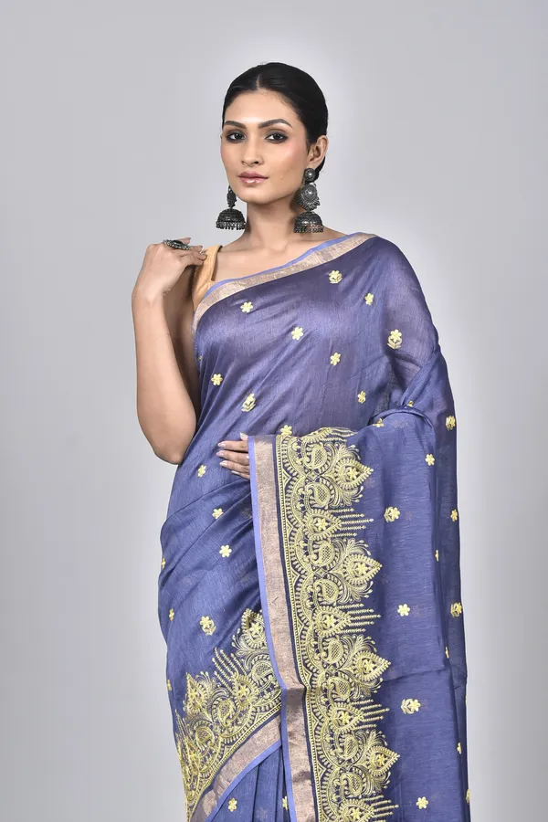 Dark_Blue_Digital_Embroidery_Silk_Linen_Saree_For_Women