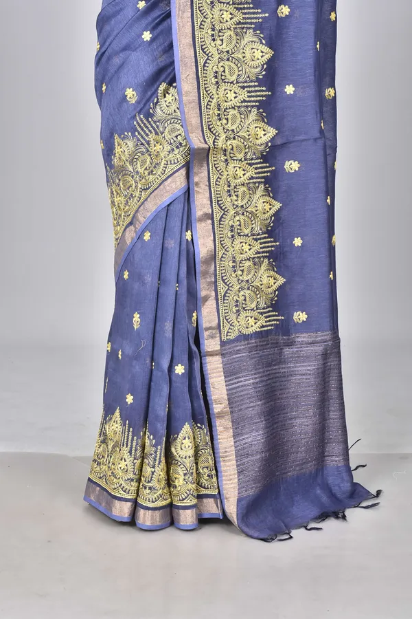 Dark_Blue_Digital_Embroidery_Silk_Linen_Saree_For_Women