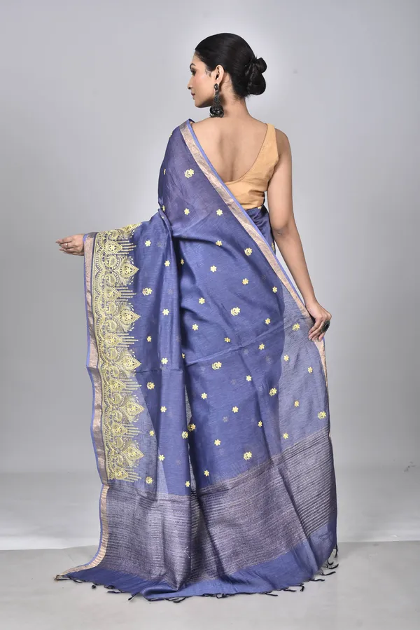 Dark_Blue_Digital_Embroidery_Silk_Linen_Saree_For_Women