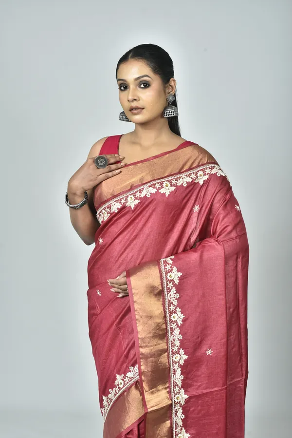 Red_Hand_Embroidery_Silk_Saree_For_Women