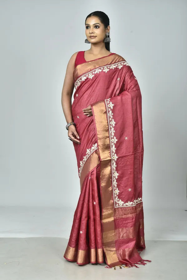 Red_Hand_Embroidery_Silk_Saree_For_Women