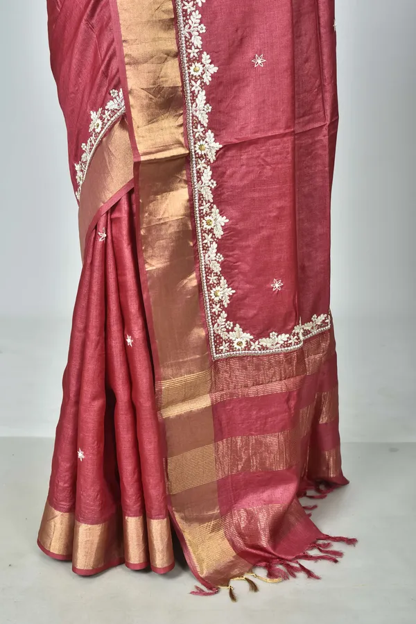 Red_Hand_Embroidery_Silk_Saree_For_Women