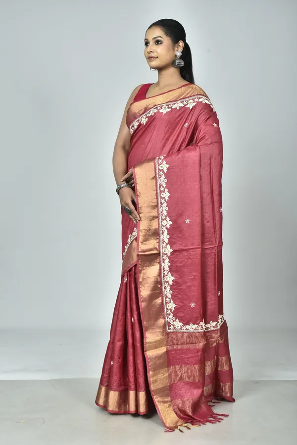 Red_Hand_Embroidery_Silk_Saree_For_Women
