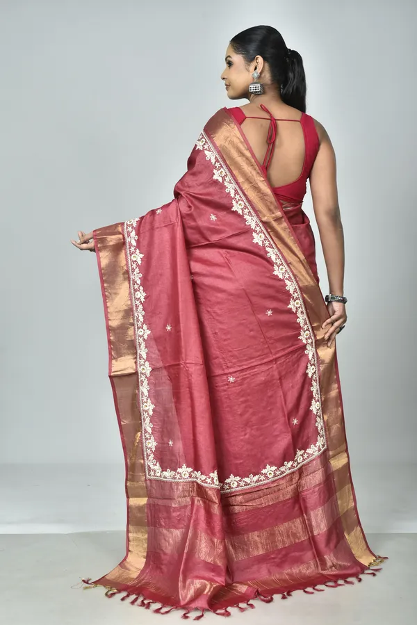 Red_Hand_Embroidery_Silk_Saree_For_Women