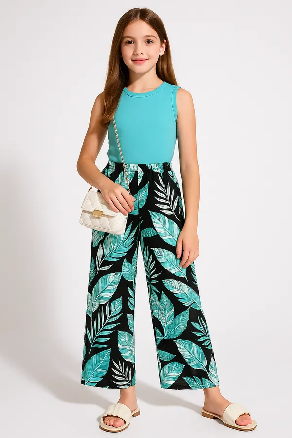 Girls_Sky_Sleeveless_Top_with_Tropical_Leaf_Print_Palazzo_Set