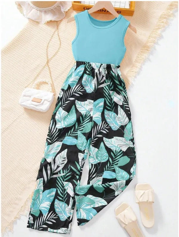 Girls_Sky_Sleeveless_Top_with_Tropical_Leaf_Print_Palazzo_Set