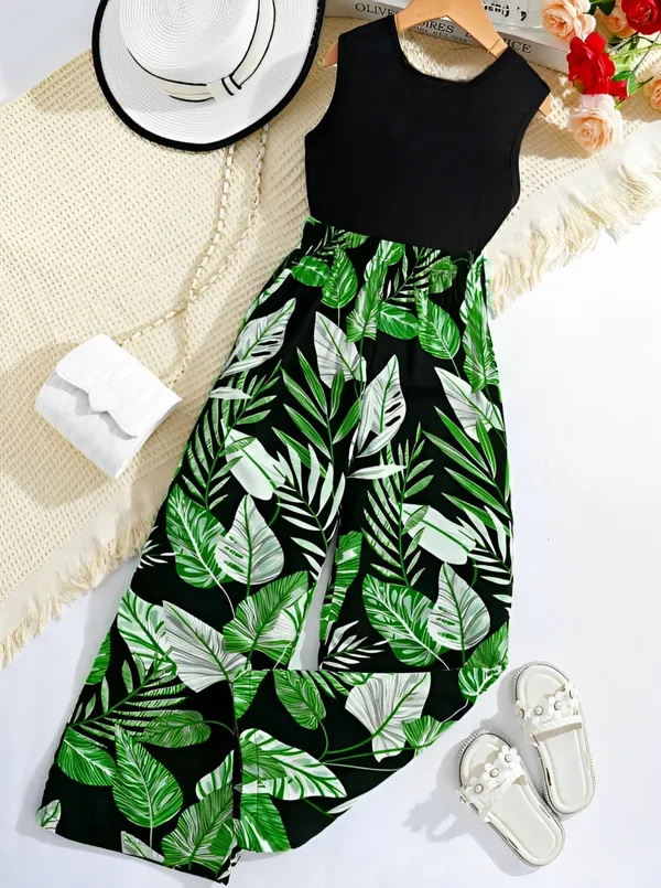 Girls_Black_Sleeveless_Top_with_Tropical_Leaf_Print_Palazzo_Set