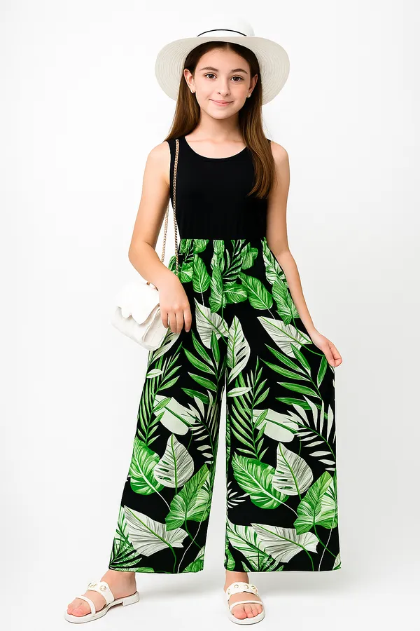 Girls_Black_Sleeveless_Top_with_Tropical_Leaf_Print_Palazzo_Set