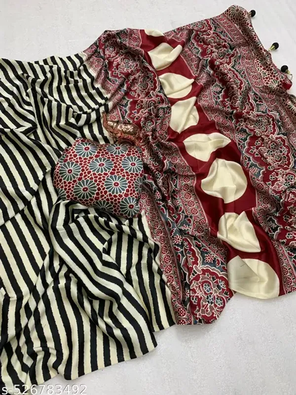 Black_&_Cream_Modal_Silk_Ajrakh_Strip_Print_Saree_With_Unstitched_Blouse_Piece