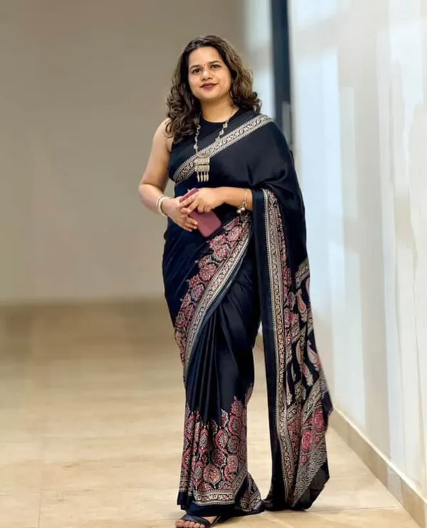 Black_Modal_Silk_Ajrakh_Print_Saree_With_Unstitched_Blouse_Piece