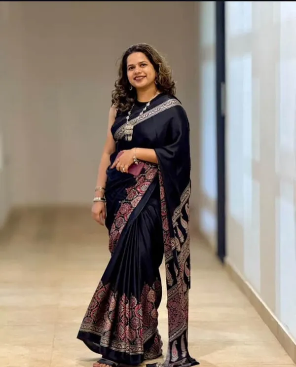 Black_Modal_Silk_Ajrakh_Print_Saree_With_Unstitched_Blouse_Piece