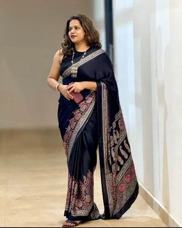 Black_Modal_Silk_Ajrakh_Print_Saree_With_Unstitched_Blouse_Piece