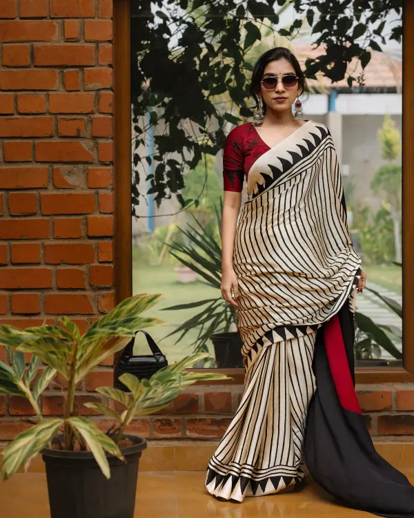 STYLISH_CREAM_AND_BLACK_SAREE_WITH_RED_BINDI_(RED_BINDI)