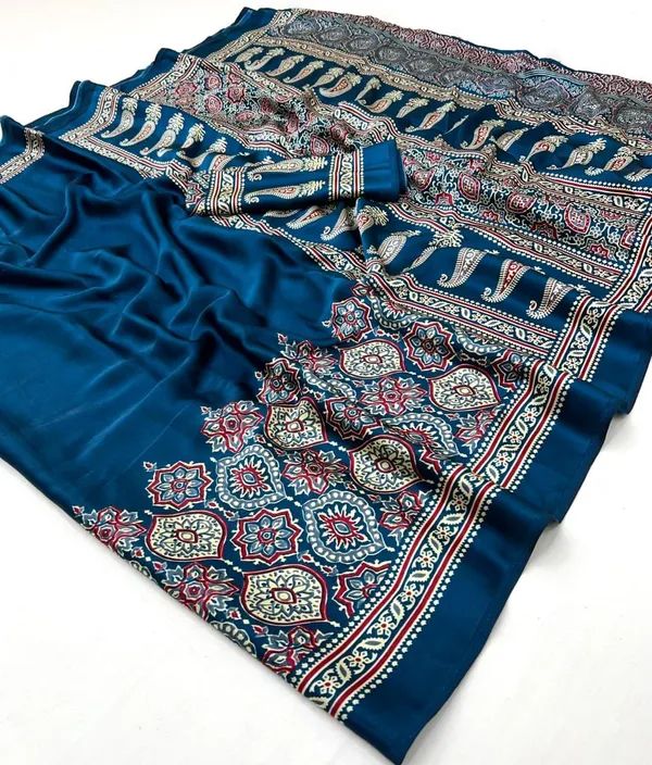 TEAL_COLOR_HALF_AND_HALF_AJRAKH_SAREE