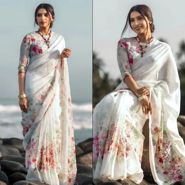 White_Color_Flower_Digital_Printed_Linen_Saree_|_Ideal_For_Festive_&_Party_Wear