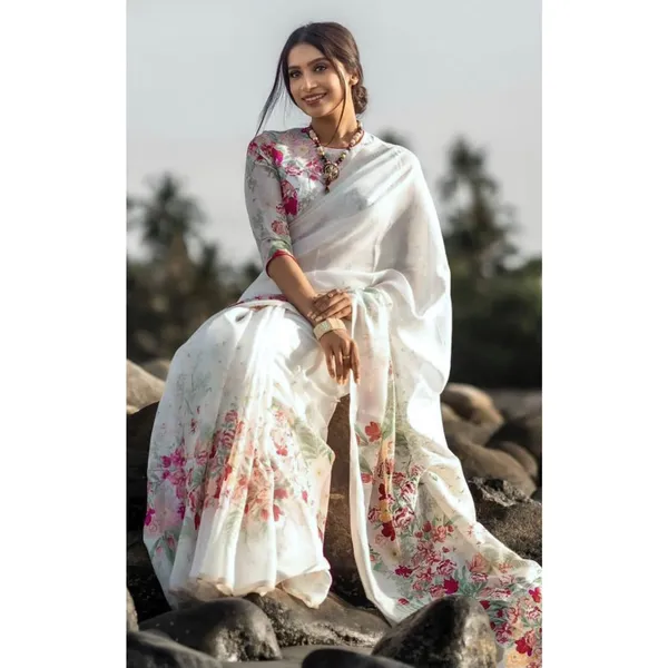 White_Color_Flower_Digital_Printed_Linen_Saree_|_Ideal_For_Festive_&_Party_Wear