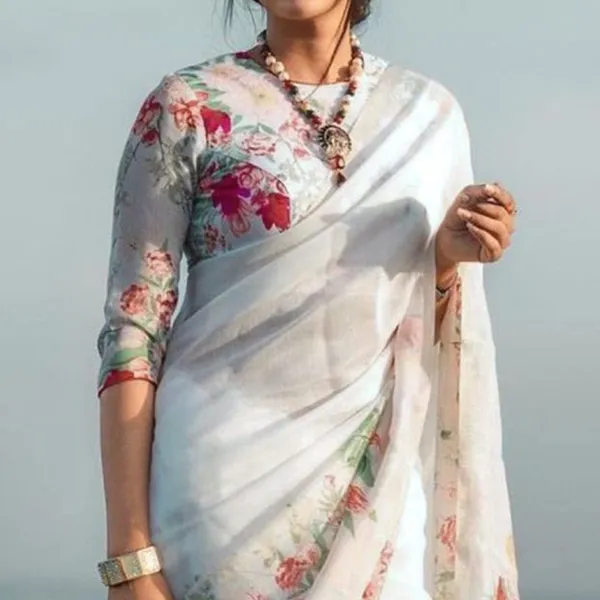 White_Color_Flower_Digital_Printed_Linen_Saree_|_Ideal_For_Festive_&_Party_Wear