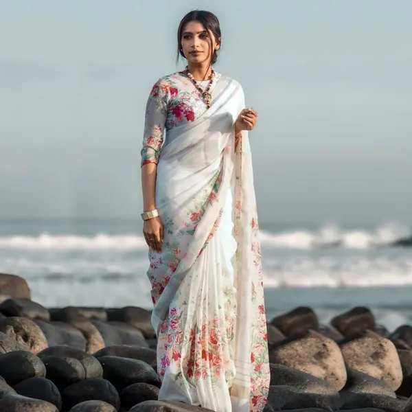 White_Color_Flower_Digital_Printed_Linen_Saree_|_Ideal_For_Festive_&_Party_Wear