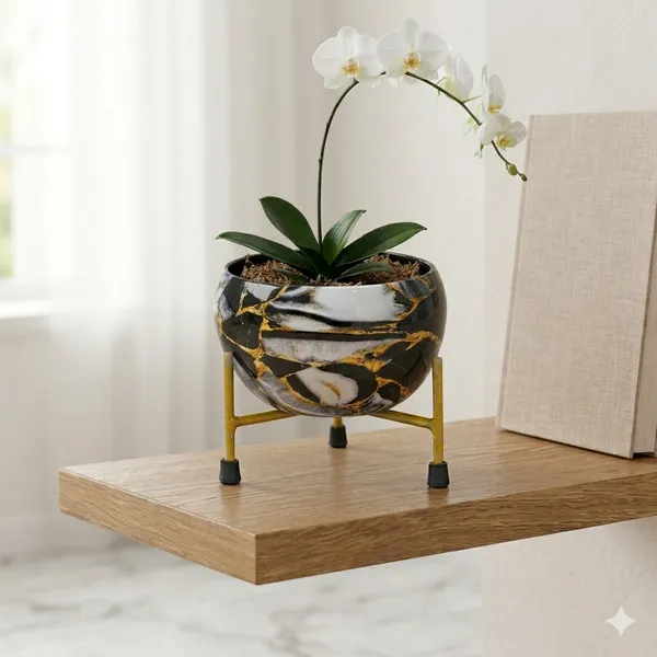 6_Inch_Hand-Painted_Metal_Pot_with_Stand_|_Decorative_Tabletop_Planter_|_for_Home_&_Office